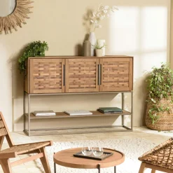Buffet haut 155 cm 3 portes en teck recyclé sur pied SWING