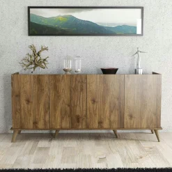 Buffet moderne 4 portes effet noyer et marbre noir UMEA
