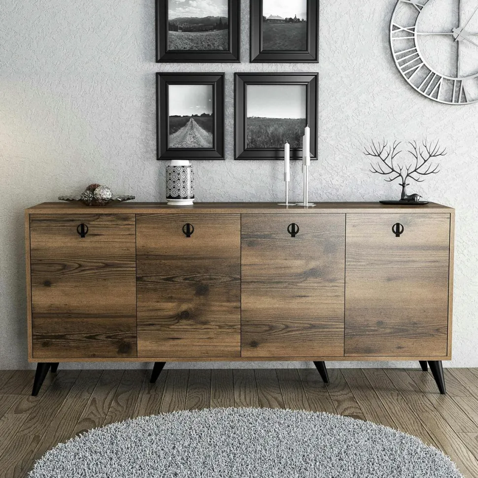 Buffet moderne 4 portes effet noyer, poignées à anneaux UMEA