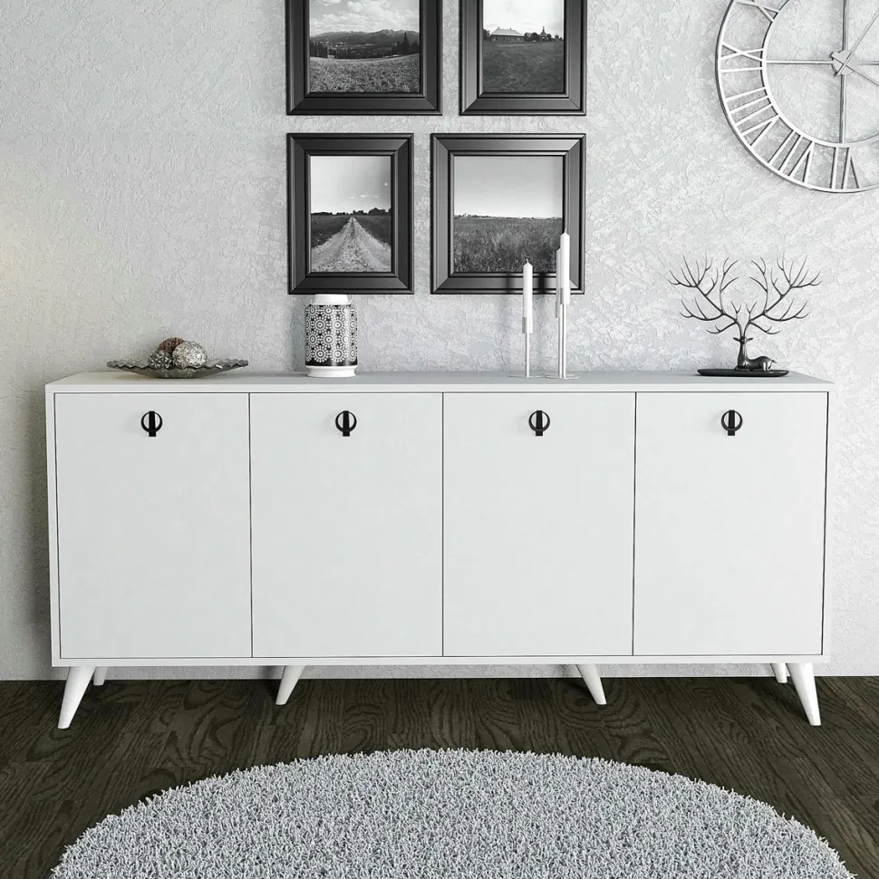 Buffet moderne 4 portes effet noyer, poignées à anneaux UMEA