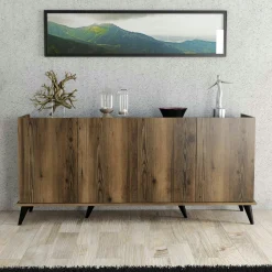 Buffet moderne 4 portes effet noyer, rebords hauts UMEA