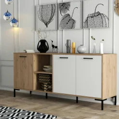 Buffet moderne effet bois et blanc, niches ouvertes JENA