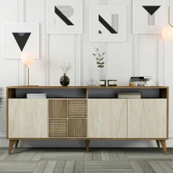 Buffet moderne effet bois et travertin 4 portes 2 niches UMEA