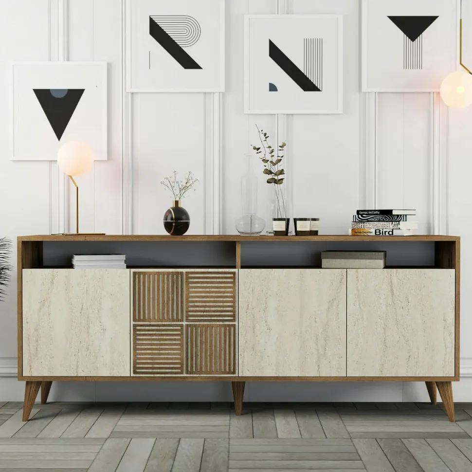 Buffet moderne effet bois et travertin 4 portes 2 niches UMEA