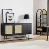Buffet noir bohème avec cannage, 2 portes 3 tiroirs VAREN