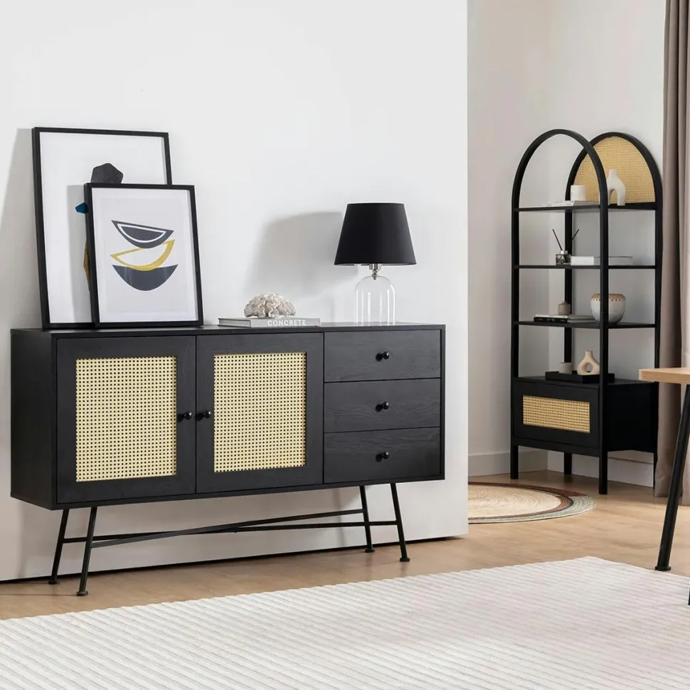 Buffet noir bohème avec cannage, 2 portes 3 tiroirs VAREN
