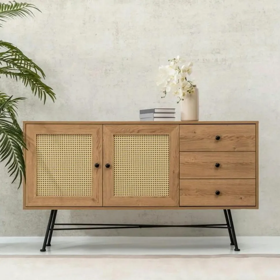 Buffet noir bohème avec cannage, 2 portes 3 tiroirs VAREN
