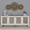 Buffet salle à manger blanc, cannage et effet noyer clair VAREN