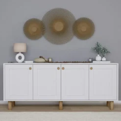 Buffet salle à manger blanc moderne, 4 portes cannage VAREN
