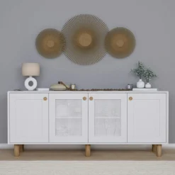Buffet salle à manger blanc avec détail cannage VAREN