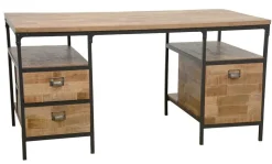Bureau 3 tiroirs, 2 niches ouvertes en Hévéa recyclé naturel et métal 150x75x75cm LOFT