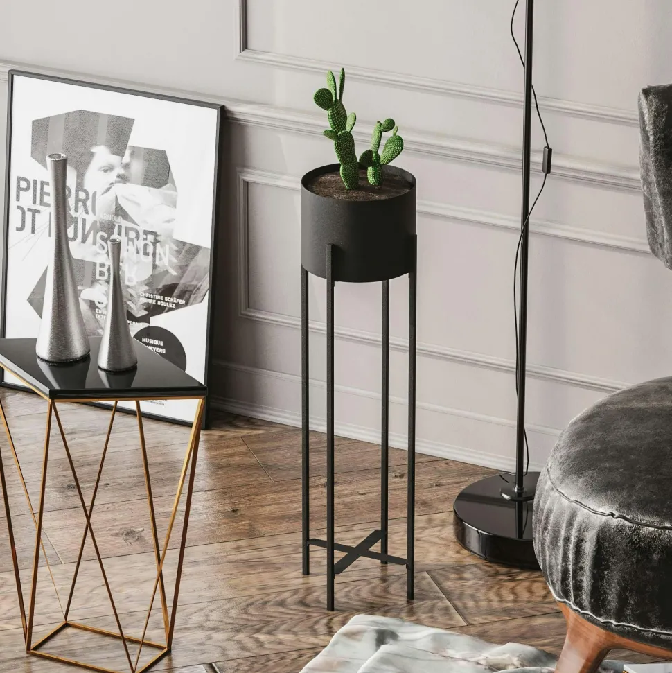 Cache-pot sur pied en métal noir – style moderne