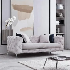 Canapé 2 places beige en velours capitonné DOVER