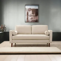 Canapé 3 places velours beige crème, coussins polochons CHIBA