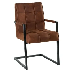 Chaise avec accoudoirs en tissu marron havane capitonné quadrillé et pieds métal 55x65x90cm KERALA