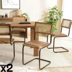 Chaise cuir et rotin havane pied luge (lot de 2) TIM