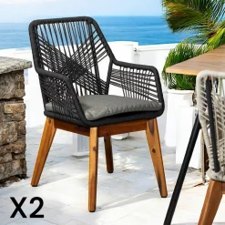 Chaise de jardin beige en corde tressée et pieds bois FSC® (lot de 2) GRENADE