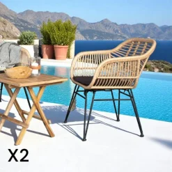 Chaise de jardin noire en rotin synthétique avec accoudoirs et coussin d'assise (lot de 2) IBIZA