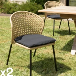 Chaise de jardin rotin synthétique couleur naturelle avec coussin noir (lot de 2) GIJON