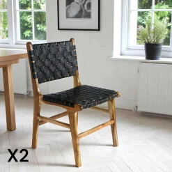 Chaise en bois et cuir tressé marron (lot de 2) MENDOZA