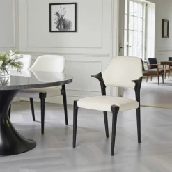 Chaise en cuir marron design, accoudoirs bois noir ALDER