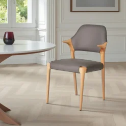 Chaise en cuir marron design, accoudoirs bois noir ALDER