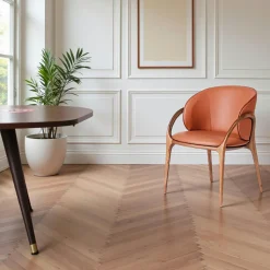 Chaise en cuir terracotta dos rond accoudoirs bois brun ALDER