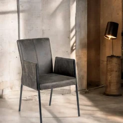 Chaise fauteuil avec accoudoirs tissu microfibres gris et pieds métal noir