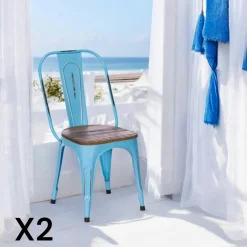 Chaise industrielle métal bleu bois recyclé LEEDS (lot de 2)