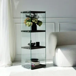 Colonne vitrine design - bois gris foncé, 3 plateaux LHASA