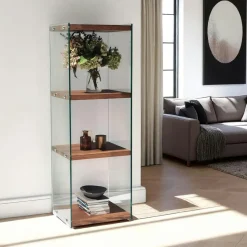 Colonne vitrine design - bois gris foncé, 3 plateaux LHASA