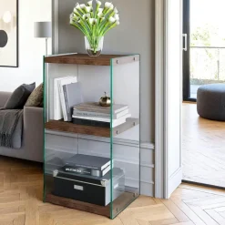 Colonne vitrine design - bois gris foncé, 3 plateaux LHASA