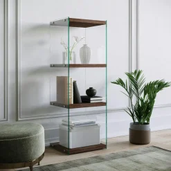Colonne vitrine design - bois gris foncé, 3 plateaux LHASA