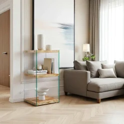 Colonne vitrine design - bois clair, 3 plateaux LHASA
