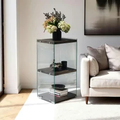 Colonne vitrine design - bois gris foncé, 4 plateaux LHASA