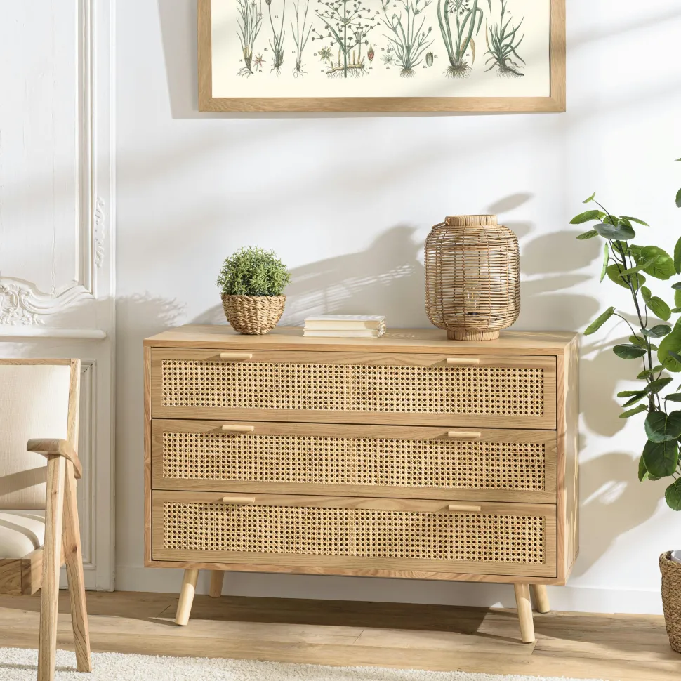 Commode 3 tiroirs bois clair et cannage ALGA