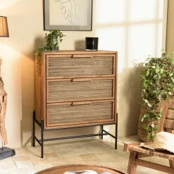 Commode 6 tiroirs en bois recyclé et tressage coco SWING