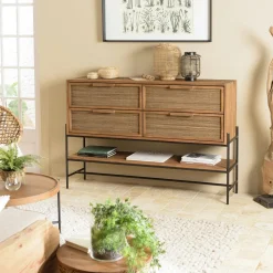 Commode 6 tiroirs en bois recyclé et tressage coco SWING
