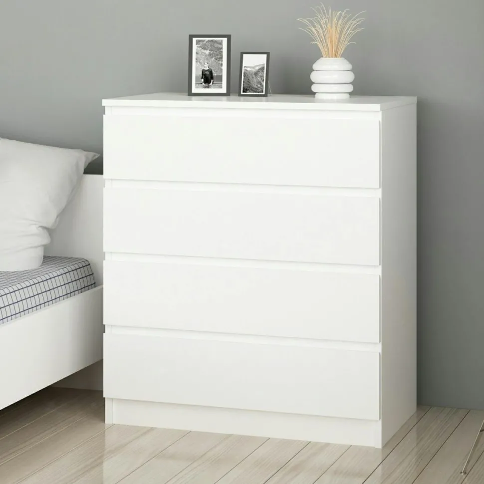 Commode blanche moderne 4 tiroirs, format compact MARFA