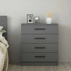 Commode blanche moderne 4 tiroirs, poignées noires MARFA