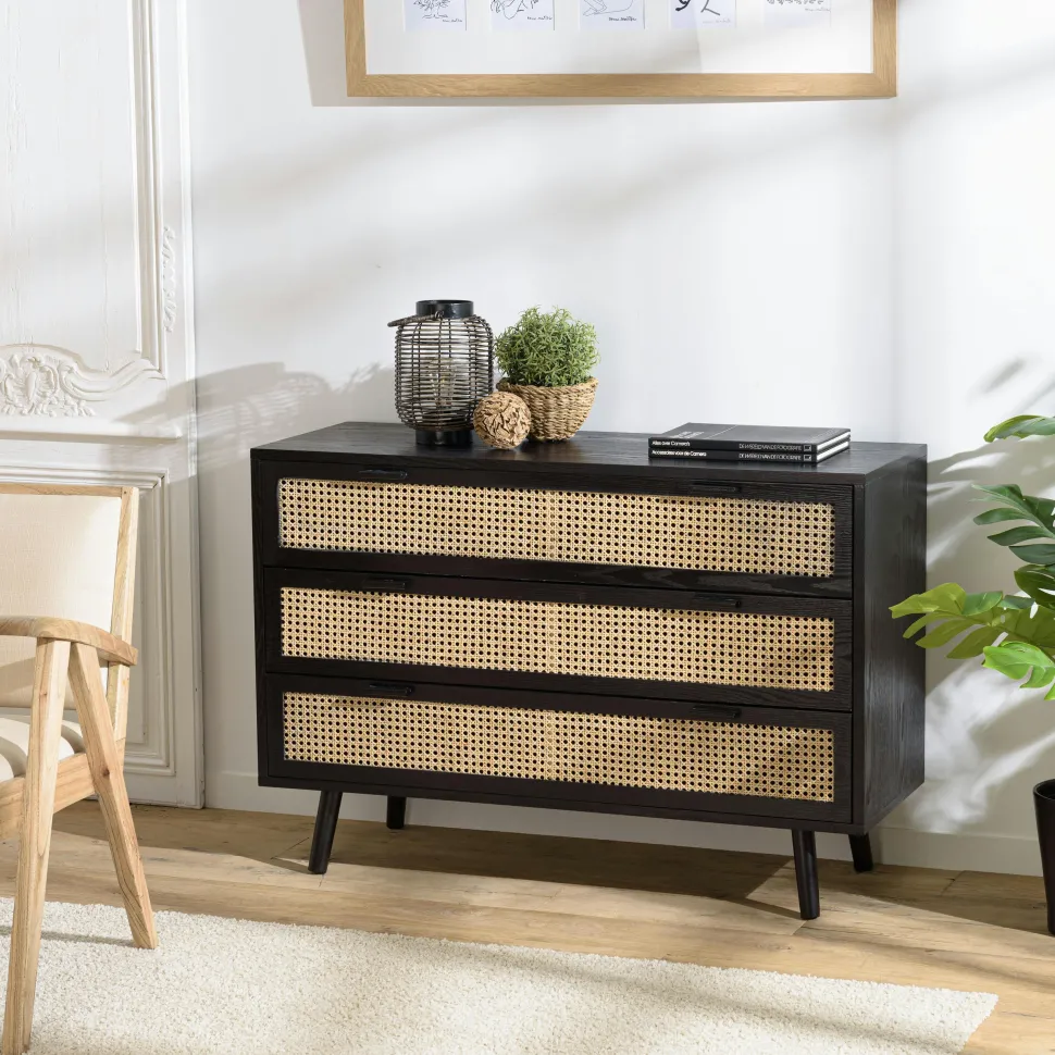 Commode bois noir et rotin 3 tiroirs PALMA 2