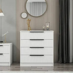 Commode chambre 4 tiroirs, façade grise rainurée BYRON
