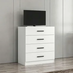 Commode de chambre grise 4 tiroirs, poignées baguettes MARFA
