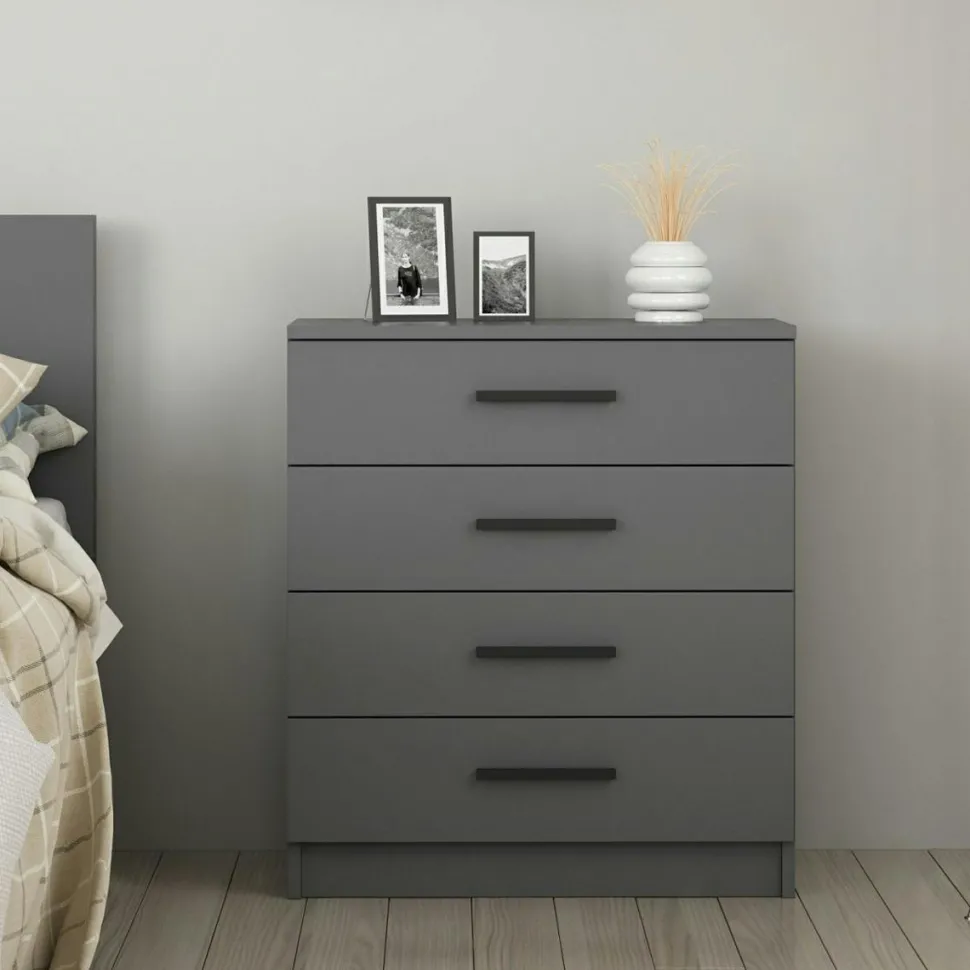 Commode grise moderne 4 tiroirs, poignées noires MARFA