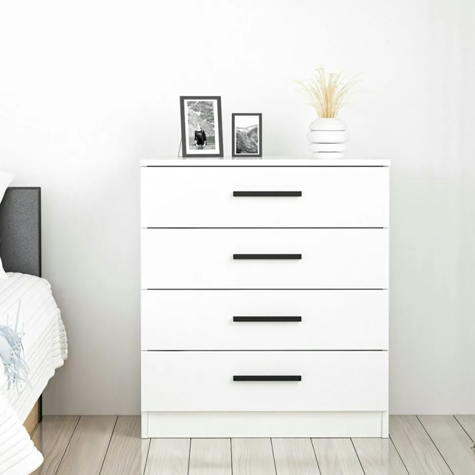 Commode grise moderne 4 tiroirs, poignées noires MARFA