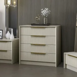 Commode moderne 4 tiroirs grise, façade rainurée BYRON