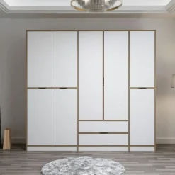 Commode moderne effet chêne 4 tiroirs blancs BYRON