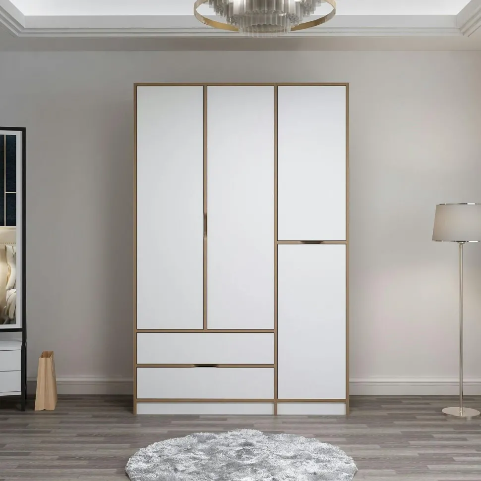 Commode moderne effet chêne 4 tiroirs blancs BYRON