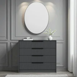 Commode moderne grise 4 tiroirs, miroir assorti BYRON