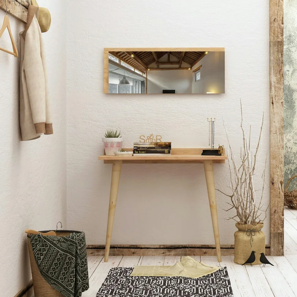 Console bureau effet chêne avec miroir rectangulaire MARFA